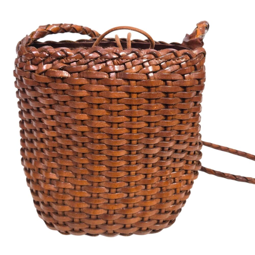 Vintage Ellepi Woven Bucket Bag Brown Leather Crossbody Drawstring Cottagecore - Picture 14 of 16